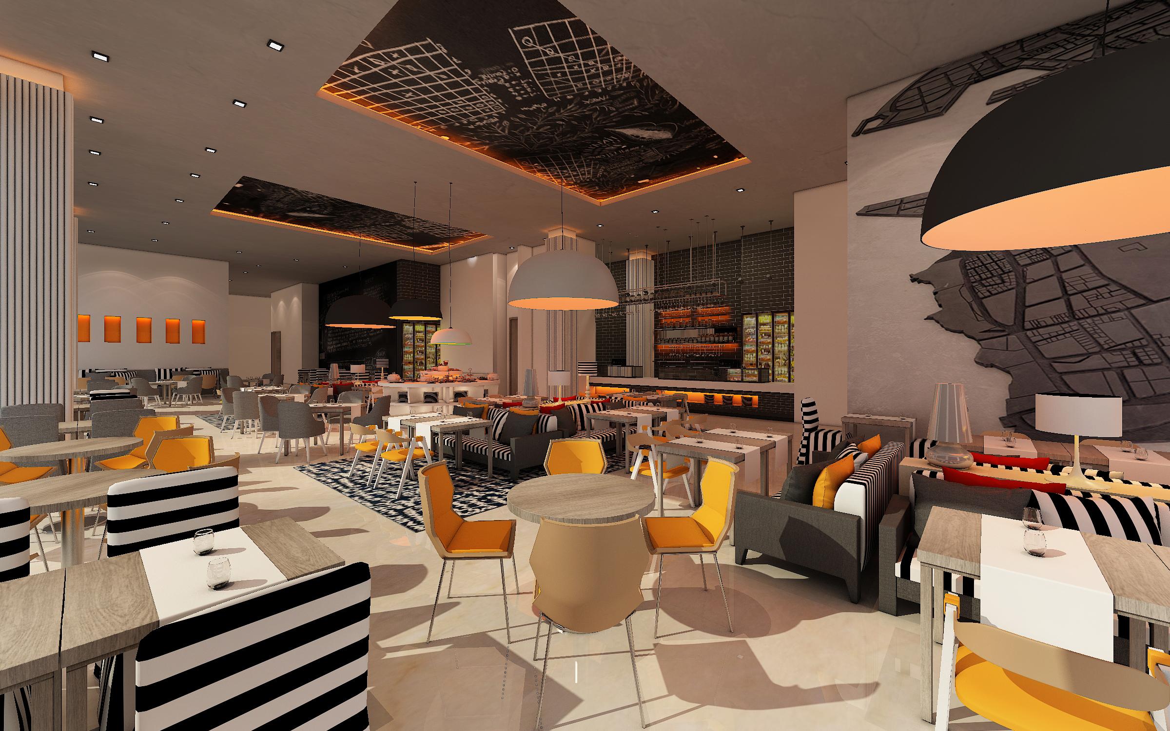 Grand Mercure Dubai City Exterior photo The photo displays a modern restaurant interior featuring stylish design elements. The space includes a mixture of seating arrangements, such as tables and chairs with bold color contrasts, primarily in black, white, and orange. The floor features a 